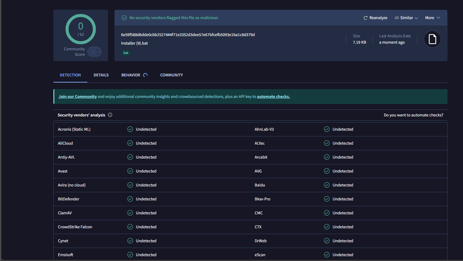 VirusTotal scan of installer.bat showing 0/62 detections