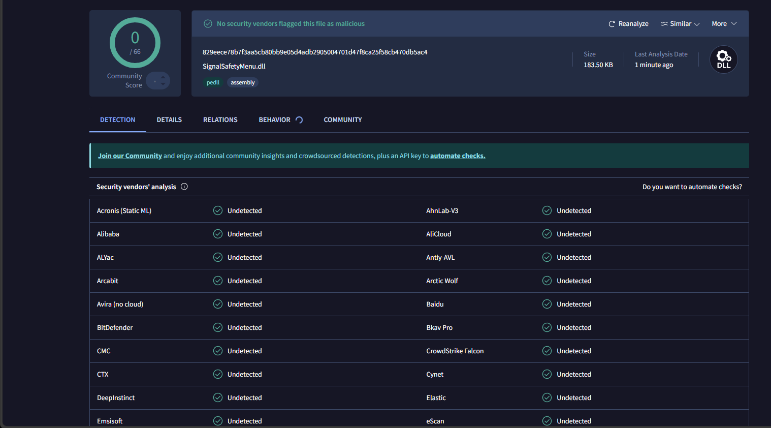 VirusTotal scan of SignalSafetyMenu.dll showing 0/66 detections