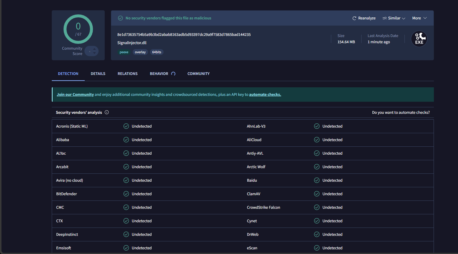 VirusTotal scan of SignalInjector.exe showing 0/67 detections