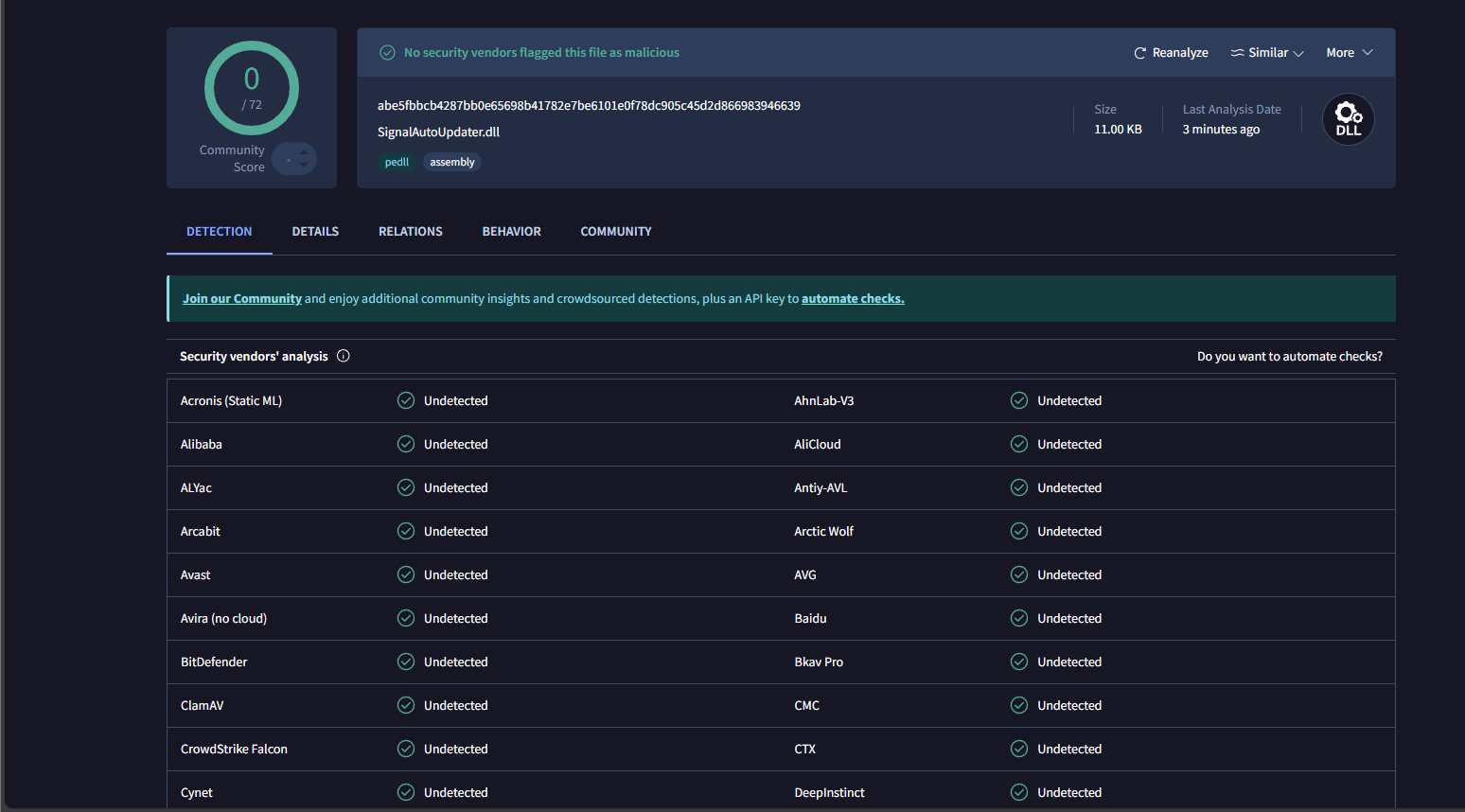 VirusTotal scan of SignalAutoUpdater.dll showing 0/72 detections